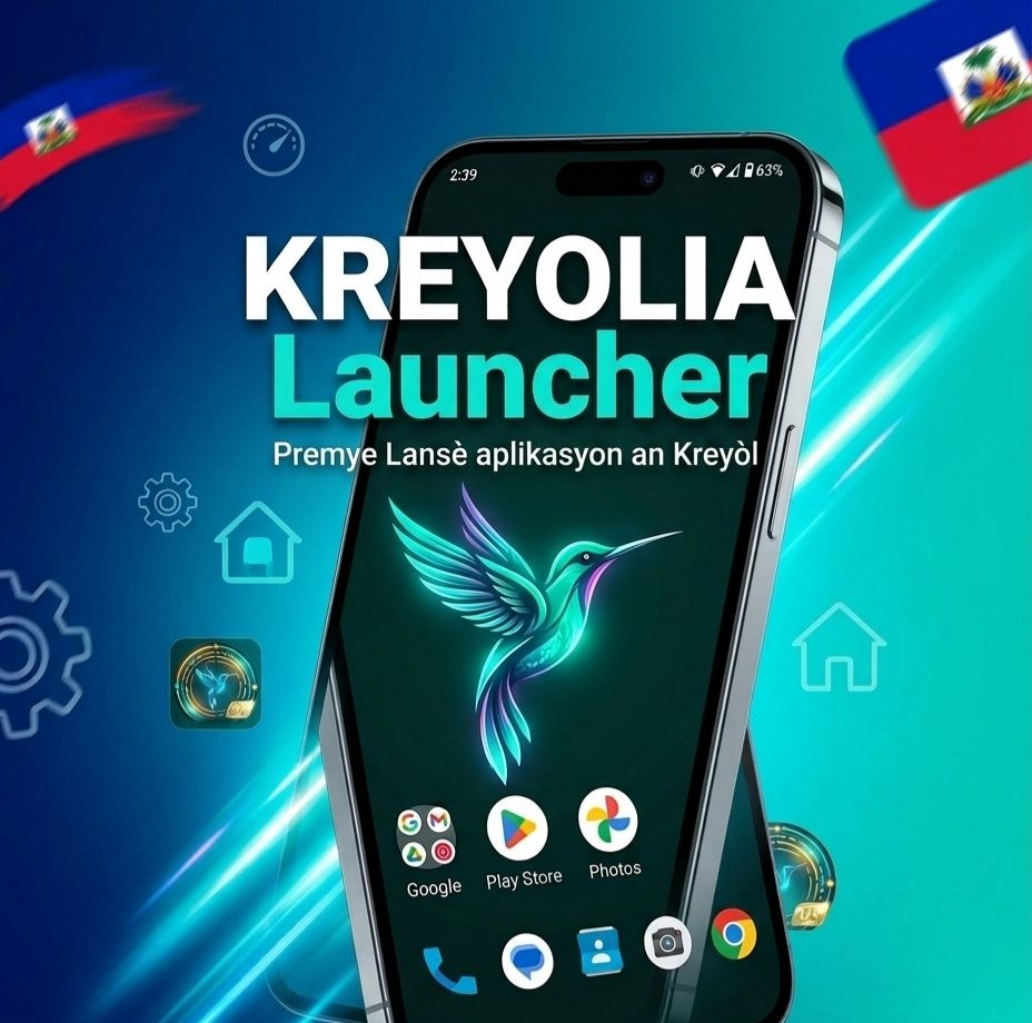 Kreyolia Launcher sou yon telefòn, ekran akèy la an Kreyòl ak yon kolibri limyè