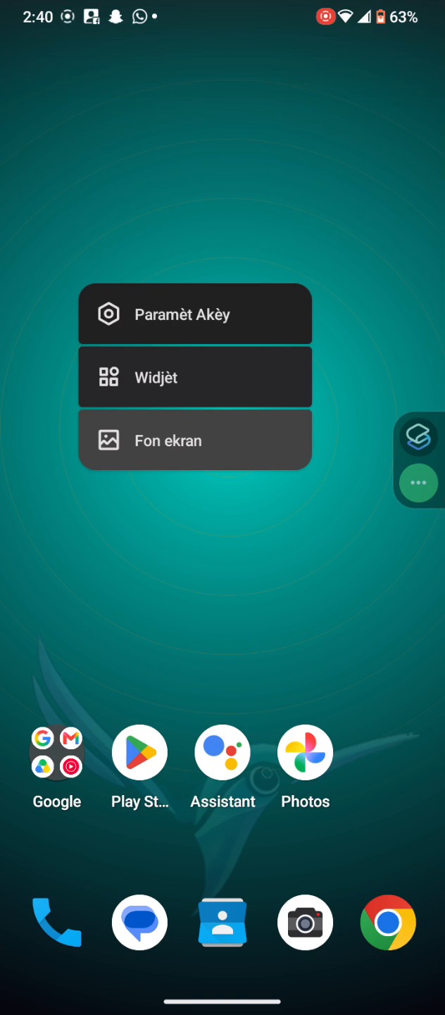 Ekran akèy Kreyolia Launcher, ak meni Paramèt Akèy, Widjèt ak Fon ekran an Kreyòl